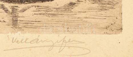 Villányi Ferenc (?-?): Gémeskútnál (1942). Rézkarc, papír, kisebb hibával, keretben, 18×23 cm