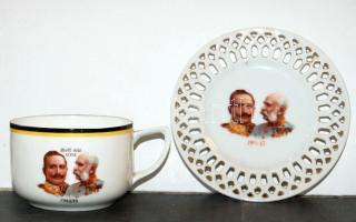 cca 1916 Ferenc József és Vilmos császár porcelán csésze alátéttel / Chinaware cup with the picture of Kaiser Wilhelm and Franz Joseph
