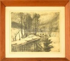 Élesdy István (1912-1987): Téli táj. Rézkarc, papír, jelzett a karcon, üvegezett keretben, 28×33 cm