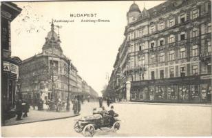 1915 Budapest VI. Andrássy út, villamos, Pesti Hazai Első Takarékpénztár Egyesület, Sparber üzlete, automobil montázs