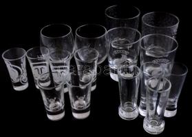 16 db márkás üvegpohár, közte: Vilmos, St. Hubertus, Rémy Martin, Baileys, hibátlan, m: 9-11 cm