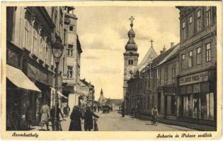 1938 Szombathely, Sabaria és Palace szálloda (lebombázták), Koth Mózes üzlete, kerékpár (EB)