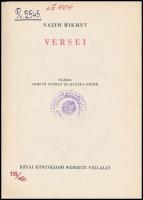 Nazim Hikmet versei. Ford.: Somlyó György és Kuczka Péter. Bp., 1950, Révai. Kiadói papírkötés, volt...