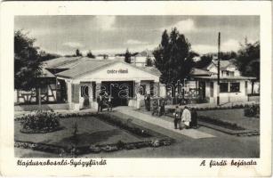 1943 Hajdúszoboszló, a fürdő bejárata, M. kir. postahivatal (fl)