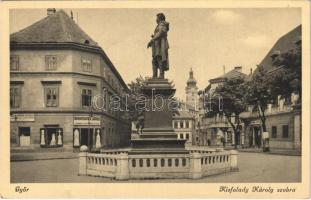 Győr, Kisfaludy Károly szobra, Birkmayer János üzlete, nővédő egyesület