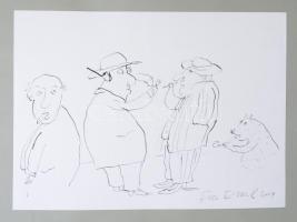 Für Emil (1967- ): Dohányzó férfiak és pipázó kutya, 2004. Tus, papír, jelzett, papírra kasírozva, 42×59 cm