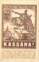 Kassa, Kosice; Kurucok előre Kassára! irredenta képeslap szoborral / Hungarian irredenta postcard, statue s: Tary