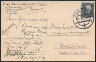Komáromból Pozsonyba küldött képeslap, rajta Mécs László, Hamvas Ilona, stb. aláírásokkal