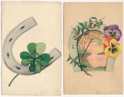 4 db RÉGI motívum képeslap vegyes minőségben: kézzel festett művész / 4 pre-1945 motive postcards in mixed quality: hand painted art