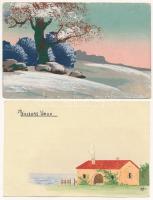 4 db RÉGI motívum képeslap vegyes minőségben: kézzel festett művész / 4 pre-1945 motive postcards in...