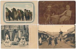 8 db RÉGI motívum fotó képeslap vegyes minőségben: kislány, teve, folklór, kártya / 8 pre-1945 motive photo postcards in mixed quality: girl, camel, folklore, card game