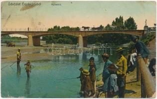 1915 Érsekújvár, Nové Zamky; Nyitra híd, halászat / Nitra river bridge, fishing (EB)