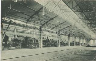 Resica, Resita; Gőzmozdony gyár belső. Otto Schwarz kiadása / Lokomotivfabrik / Fabrica de locomotive / locomotive factory interior (lyukak / pinholes)