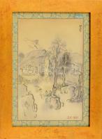 Kínai selyemkép. Kína, XX. sz. közepe. Aquarell, selyem, jelzett, üvegezett keretben. 28x19 cm
