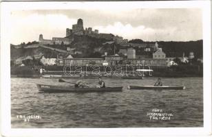 1935 Trencsén, Trencín; vár, evezősök, "Kravka" csónak / Trenciansky hrad / castle, rowing boats. Holubkova photo