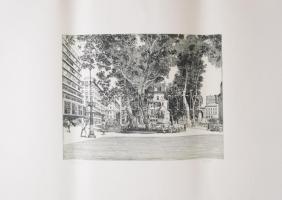Veszprémi Endre (1925- ): Budapest Vörösmarty tér, rézkarc, papír, jelzett, hajtásnyommal, 31x40 cm