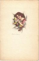 Lady with clown. Italian lady art postcard. 537M-3. s: Colombo (EK)