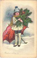 Lady with umbrella. Italian lady art postcard. 655-3. s: Colombo (EK)