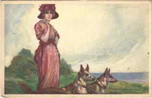 Lady with dogs. Italian lady art postcard. Anna & Gasparini 464-3. s: T. Corbella (EK)