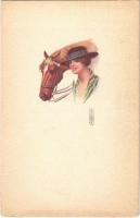 Lady with horse. Italian lady art postcard. 488M-2. s: Colombo (EK)