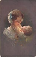 Lady with child. Lady art postcard. artist signed (EK)