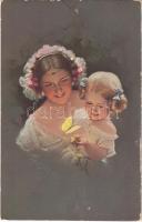 Lady with child. Lady art postcard. artist signed