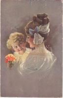 Lady with child. Lady art postcard. artist signed (EK)