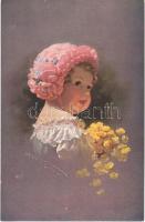 Child with flowers. Children art postcard. artist signed