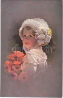 Child with flowers. Children art postcard. artist signed (gyűrődés / crease)