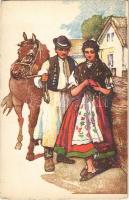 Terefere a ház előtt. A vidéki népéletből / Hungarian folklore art postcard, country life (EK)