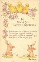 1938 To bring you Easter greetings. Easter greeting art postcard with rabbits. artist signed (EK)