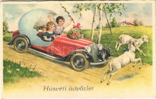 Húsvéti üdvözlet / Easter greeting art postcard with automobile, eggs and sheep. Amag 3243.