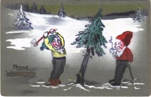 1925 Frohe Weihnachten / Christmas greeting art postcard with dwarves cutting down the Christmas tree (EK)