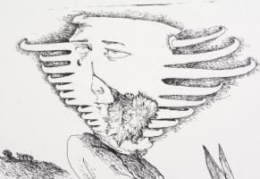 Almásy Aladár (1946): Danton búcsúja, 1988. Rézkarc, papír, jelzett, számozott (8/21). 38x27 cm