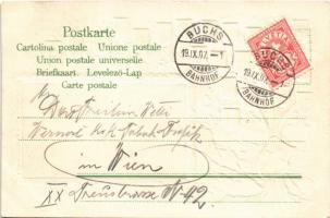 1907 Buchs, Bahnhofstrasse / street views. Art Nouveau, embossed litho, coat of arms (EK)