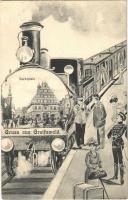 1907 Greifswald, Gruss aus Marktplatz / market square. Art Nouveau montage with railway station, locomotive