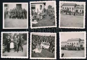 1940 Erdélyi bevonulás, katonák népviseletes lányok, a 34/III. zászlóalj 6 db vintage fotó 6x6 cm