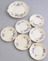 Zsolnay búzavirág mintás porcelán süteményes készlet, 6 db kistányér, d: 16 cm és tál, 24x25,5x3 cm, kézzel festett, jelzett, apró kopásnyomokkal,