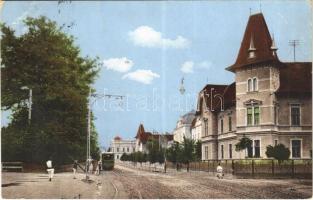 1913 Nagyszeben, Hermannstadt, Sibiu; Schewis utca, villamos. Karl Graef kiadása / Schewisgasse / street view, tram