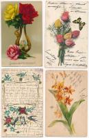 25 db RÉGI virágos üdvözlő motívum képeslap, lithokkal, vegyes minőség / 25 pre-1945 flower greeting motive postcards, with lithos. mixed quality