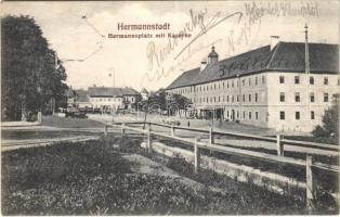 1912 Nagyszeben, Hermannstadt, Sibiu; Hermannsplatz mit Kaserne / Hermann tér laktanyával. Lichtdruck v. Jos. Drotleff / square, K.u.K. military barracks