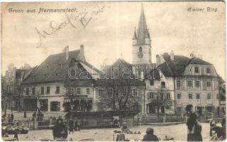 1910 Nagyszeben, Hermannstadt, Sibiu; Kleiner Ring / Kis piac, Theodor Popescu üzlete, piaci árusok. Karl Graef kiadása / market, shops, vendors (EK)