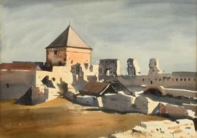 Dobroszláv József (1932-2016): Tatai vár. Akvarell, papír, jelezve balra lent (halványan), üvegezett fa keretben, 32x46 cm