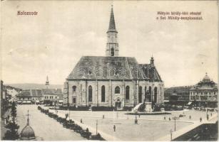 1915 Kolozsvár, Cluj; Mátyás király téri részlet a Szent Mihály templommal / square, church