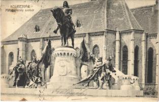 1905 Kolozsvár, Cluj; Mátyás király szobor, templom. Schuster Emil kiadása / statue of Matthias Corvinus, King of Hungary, church (fl)