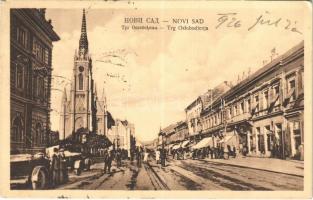 1926 Újvidék, Novi Sad; Trg Oslobodjenja / utca, automobil, üzletek / street view, automobile, shops (EK)