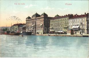 1914 Fiume, Rijeka; Via del Lido / quay, steamship + FIUME - NAGYKANIZSA 64 C vasúti mozgóposta bélyegző (EK)