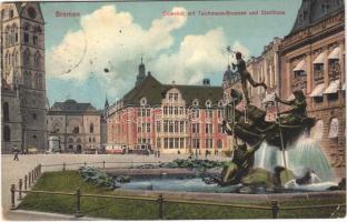 1914 Bremen, Domshof mit Teichmann-Brunnen und Stadthaus / cathedral, fountain, town hall, tram (EK)