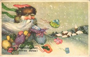 1937 Gajan Kristnaskon kaj Felican Novan Jaron! / Esperanto Christmas and New Year greeting art postcard with Saint Nicholas blowing gifts (EK)