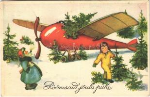 1939 Röömsaid joulupühi / Estonian Christmas greeting art postcard, Saint Nicholas with Christmas trees, airplane and pilot (EK)